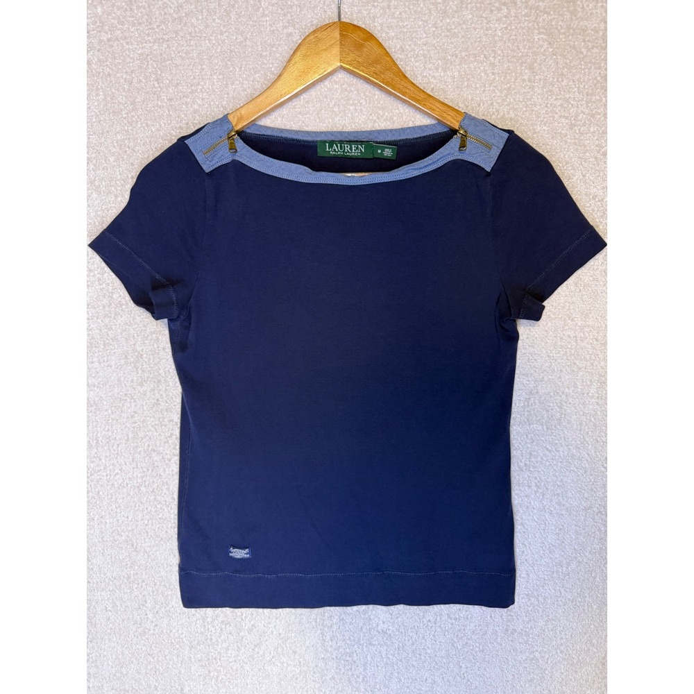Lauren Ralph Lauren Women's M Navy Blue Cotton Boat Neck Zip Shoulder Tee